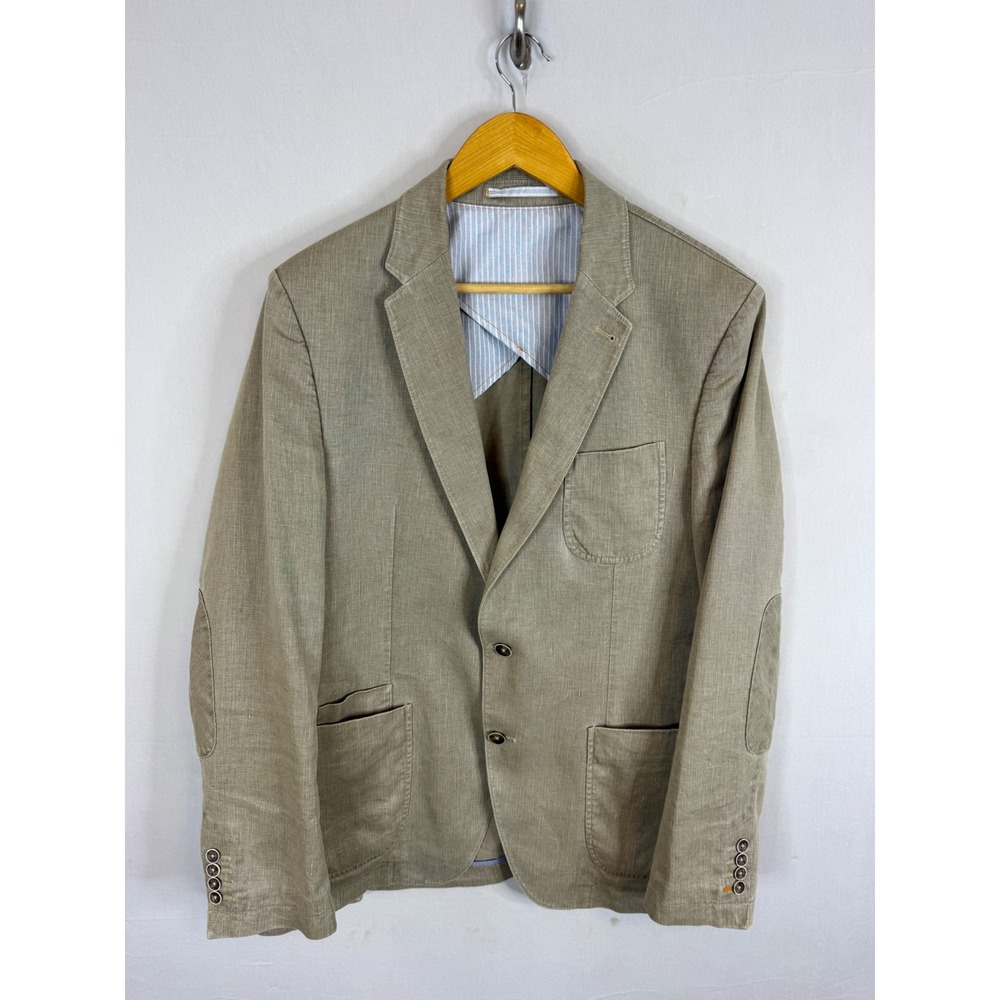 Bugatti Mens 40R Cotton Linen Blazer Jacket Tan Elbow Patches Sports Coat